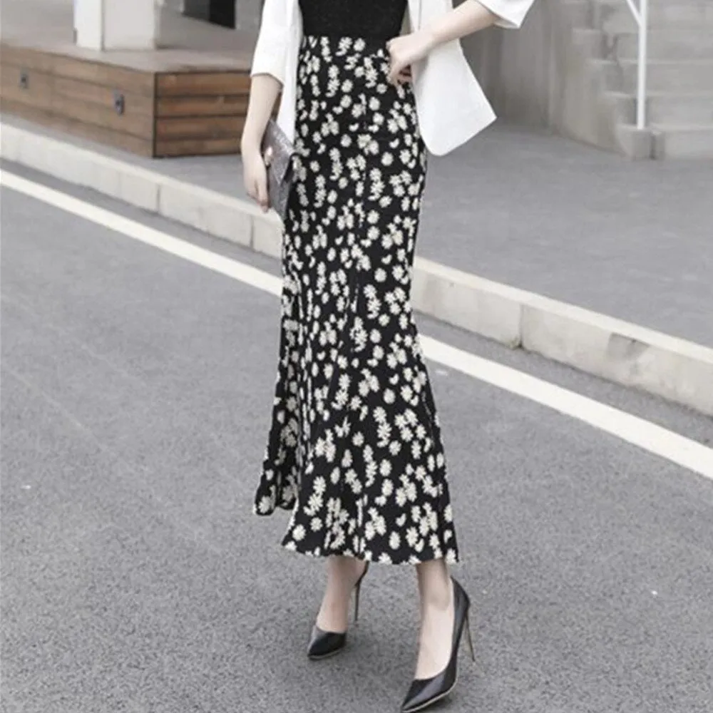 High Waist Floral Long Trumpet Women Summer Zipper Slim Mermaid Jupe Office Ladies Bottoms Floral Skirt