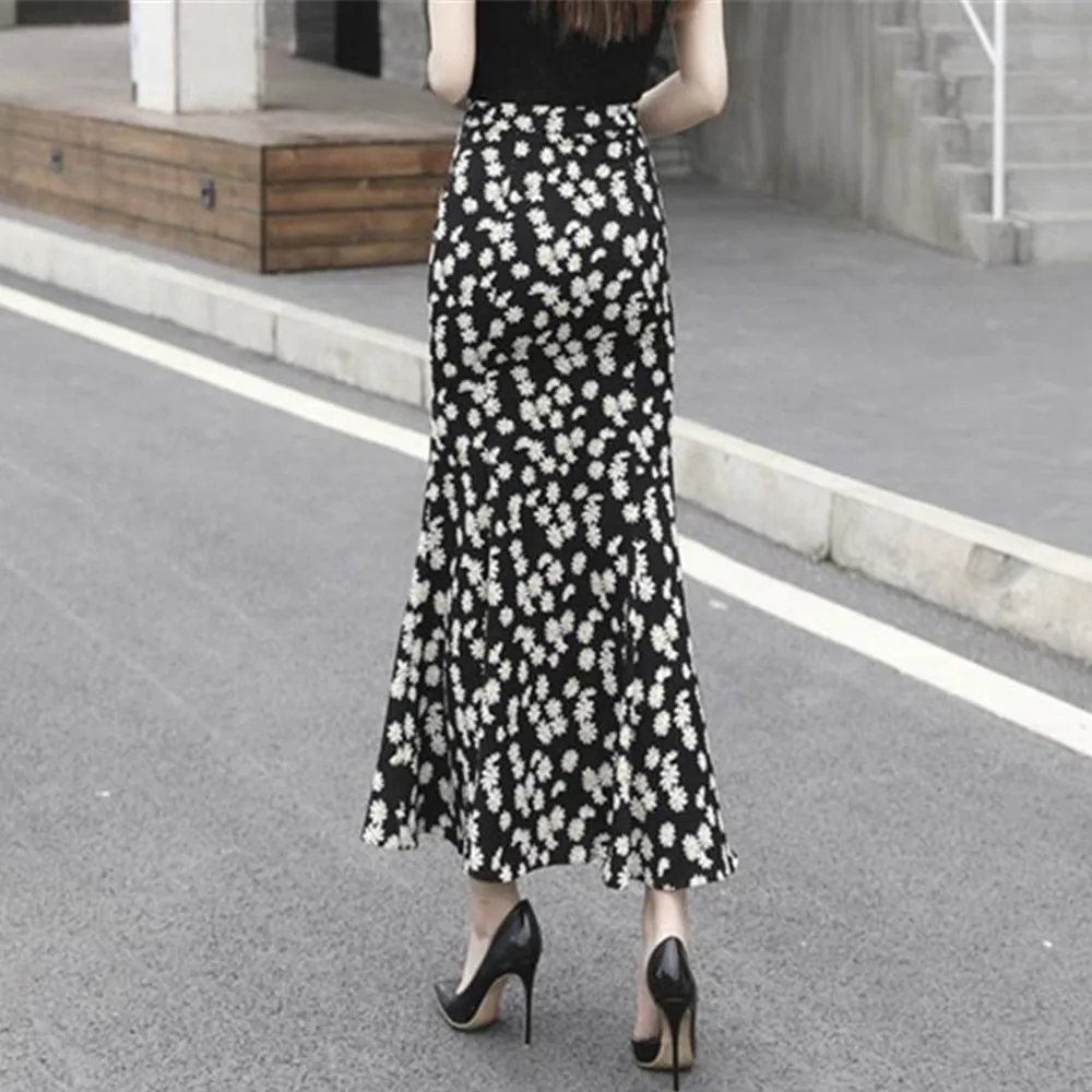 High Waist Floral Long Trumpet Women Summer Zipper Slim Mermaid Jupe Office Ladies Bottoms Floral Skirt