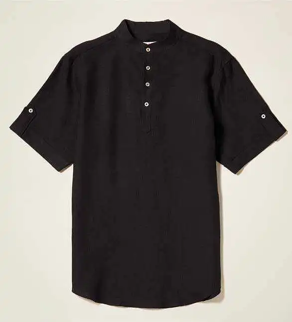 Inserch Premium Linen Short Sleeve Banded Collar Pop Over Shirt SS731-01 Black