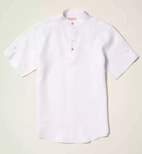 Inserch Premium Linen Short Sleeve Banded Collar Pop Over Shirt SS731-02 White