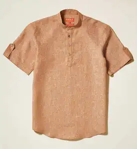 Inserch Premium Linen Short Sleeve Banded Collar Pop Over Shirt SS731-42 Camel