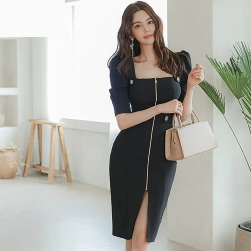 Korean Women's Zipper Sheath Pencil Bodycon Work Wear Office Dress