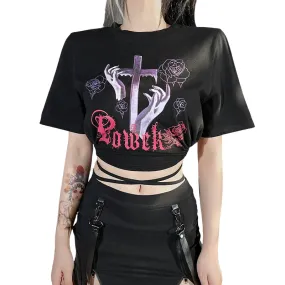 Ladies Rose and Cross Print Crop T-shirt / Anime Letter O-neck Short Sleeve Lace Up Tee