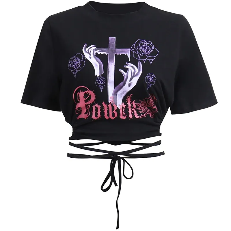 Ladies Rose and Cross Print Crop T-shirt / Anime Letter O-neck Short Sleeve Lace Up Tee