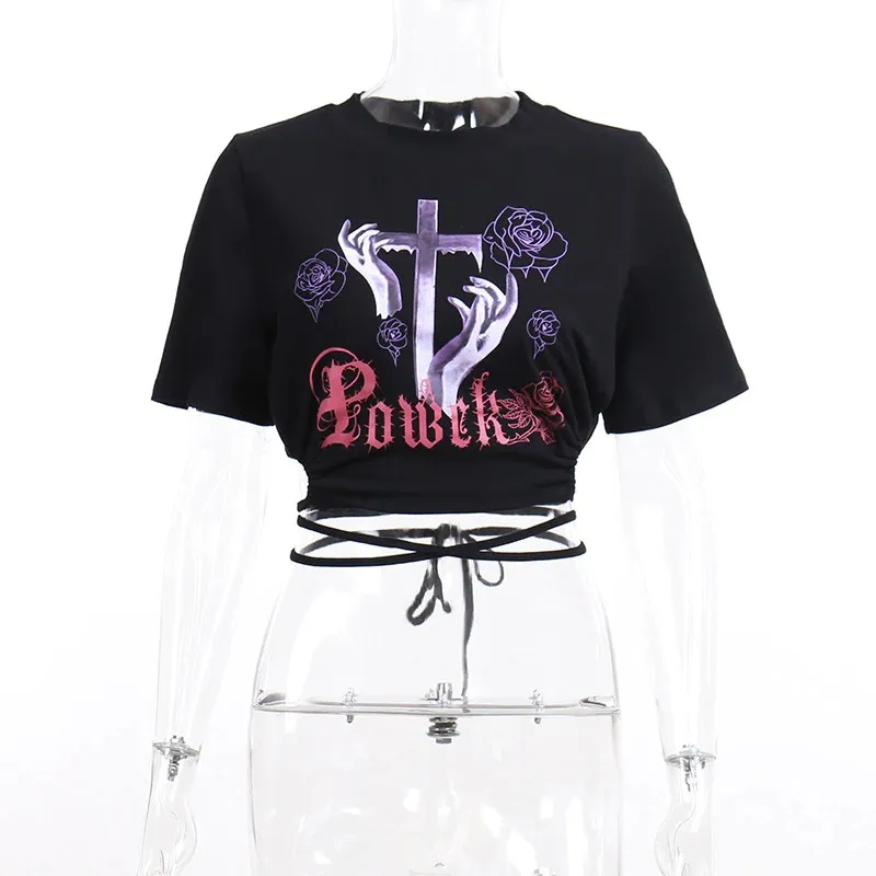 Ladies Rose and Cross Print Crop T-shirt / Anime Letter O-neck Short Sleeve Lace Up Tee