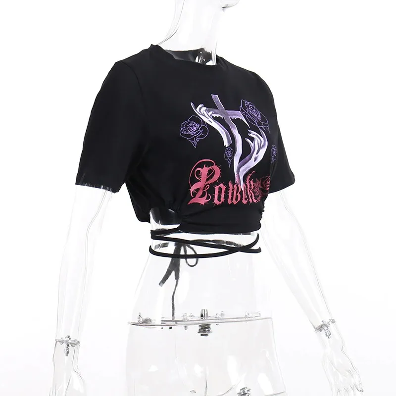 Ladies Rose and Cross Print Crop T-shirt / Anime Letter O-neck Short Sleeve Lace Up Tee