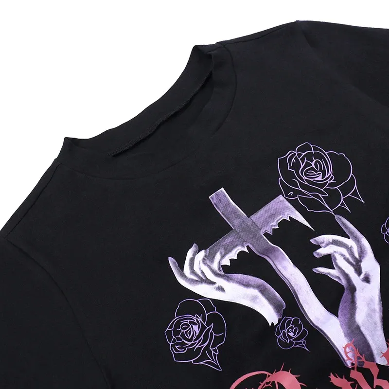 Ladies Rose and Cross Print Crop T-shirt / Anime Letter O-neck Short Sleeve Lace Up Tee