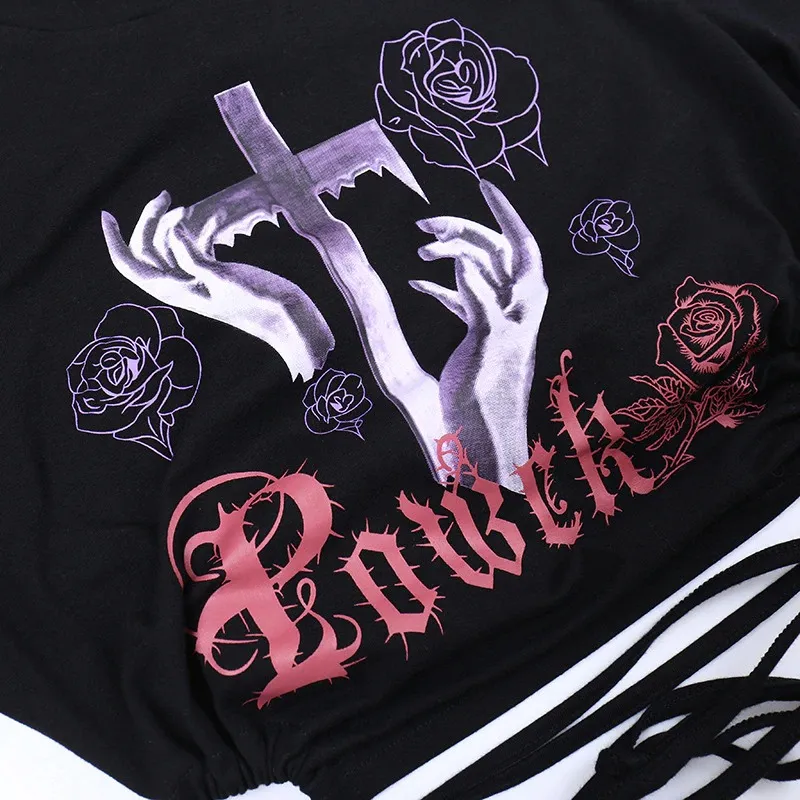 Ladies Rose and Cross Print Crop T-shirt / Anime Letter O-neck Short Sleeve Lace Up Tee