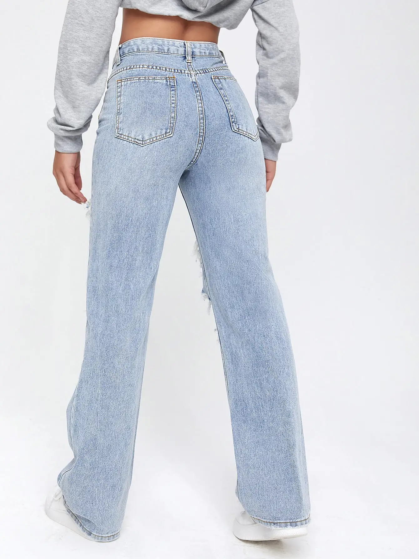 Light Washed Cut Out Ripped Straight Leg Jeans