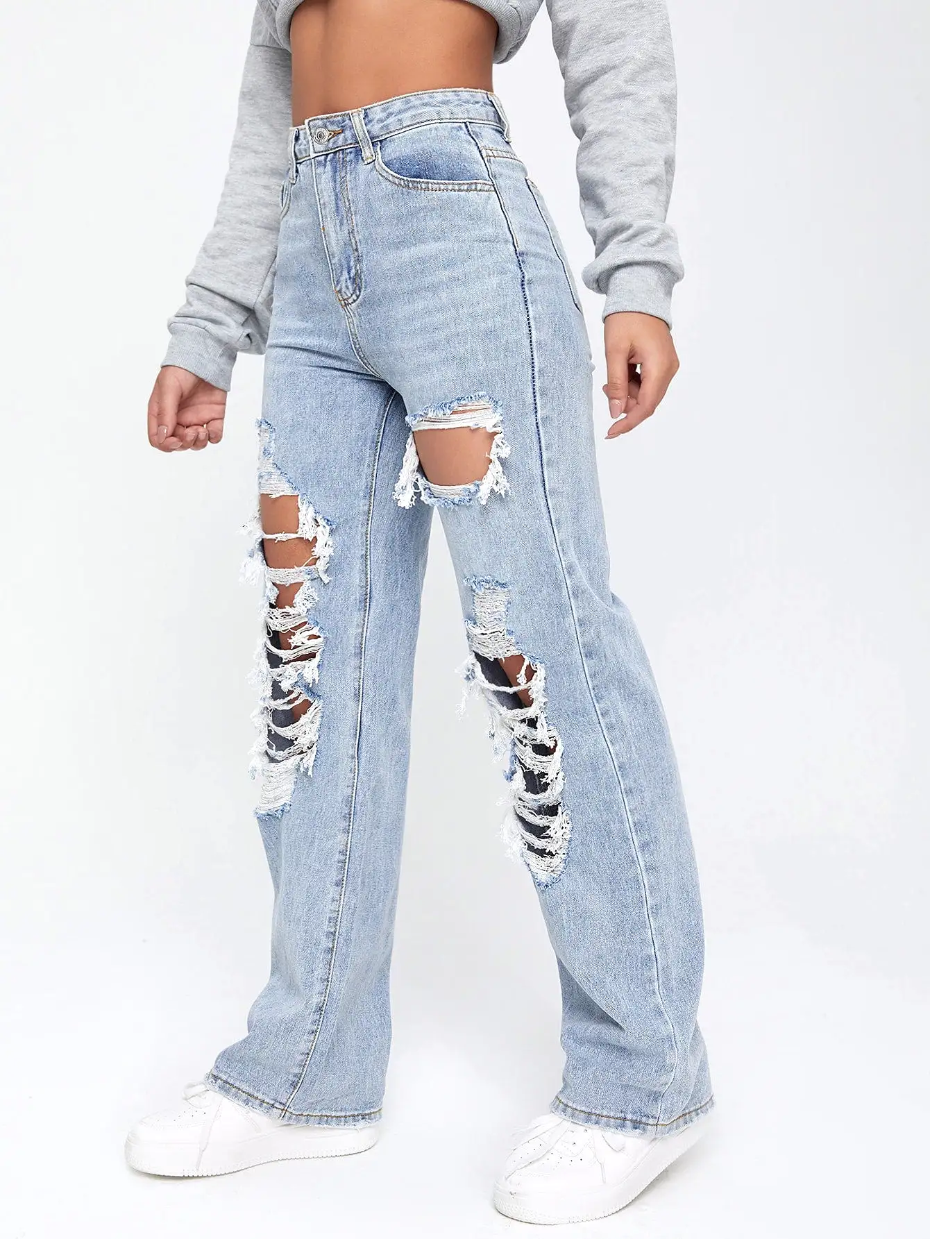 Light Washed Cut Out Ripped Straight Leg Jeans