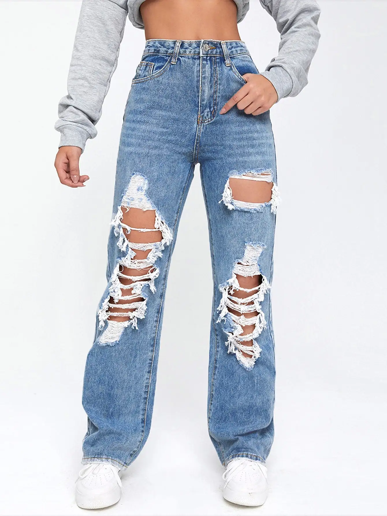 Light Washed Cut Out Ripped Straight Leg Jeans