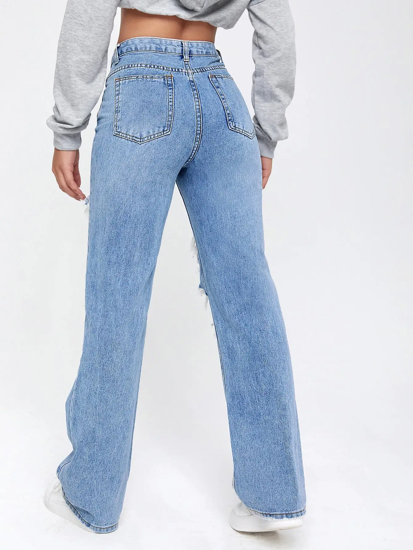 Light Washed Cut Out Ripped Straight Leg Jeans