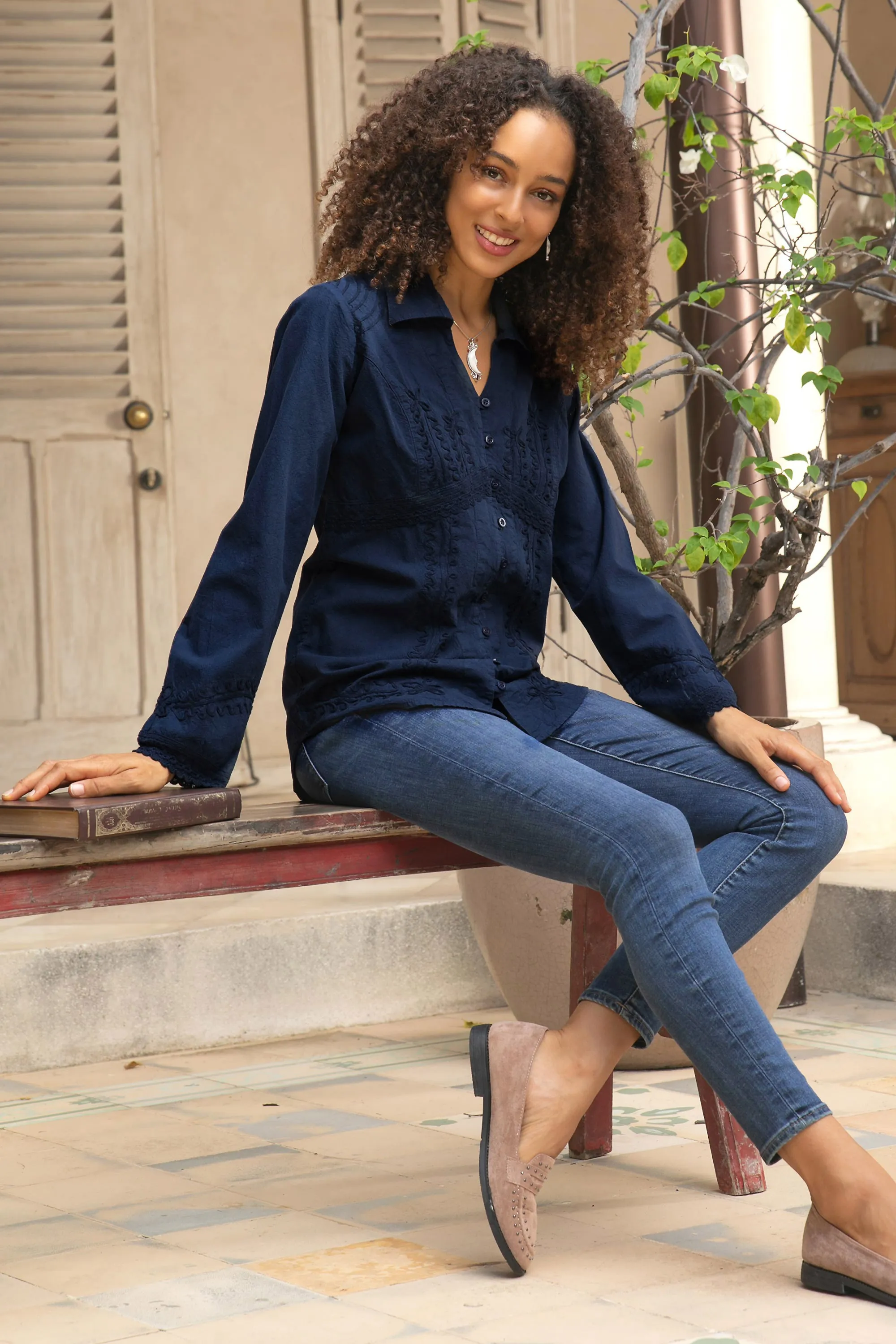 Lily of the Incas Button-front Navy Blue Blouse, 