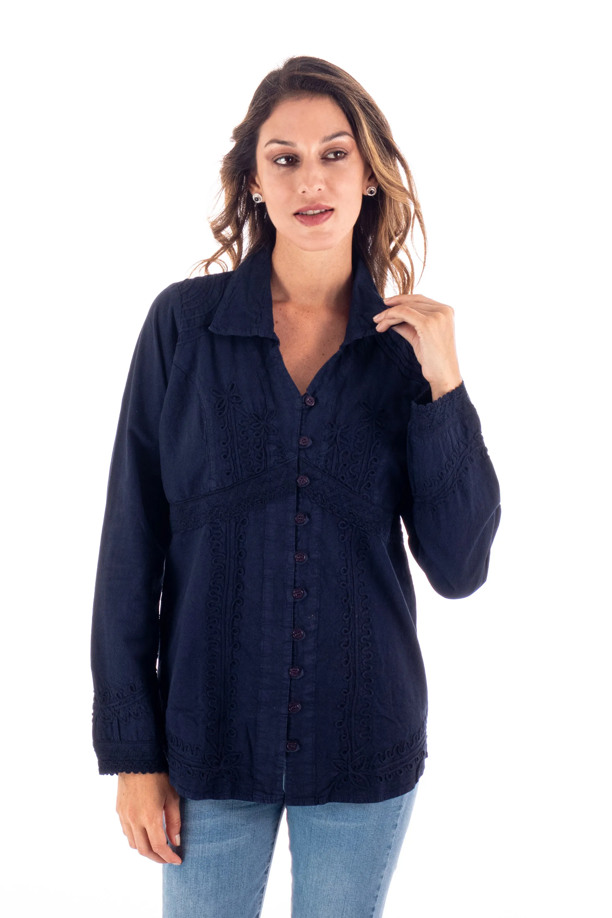 Lily of the Incas Button-front Navy Blue Blouse, 