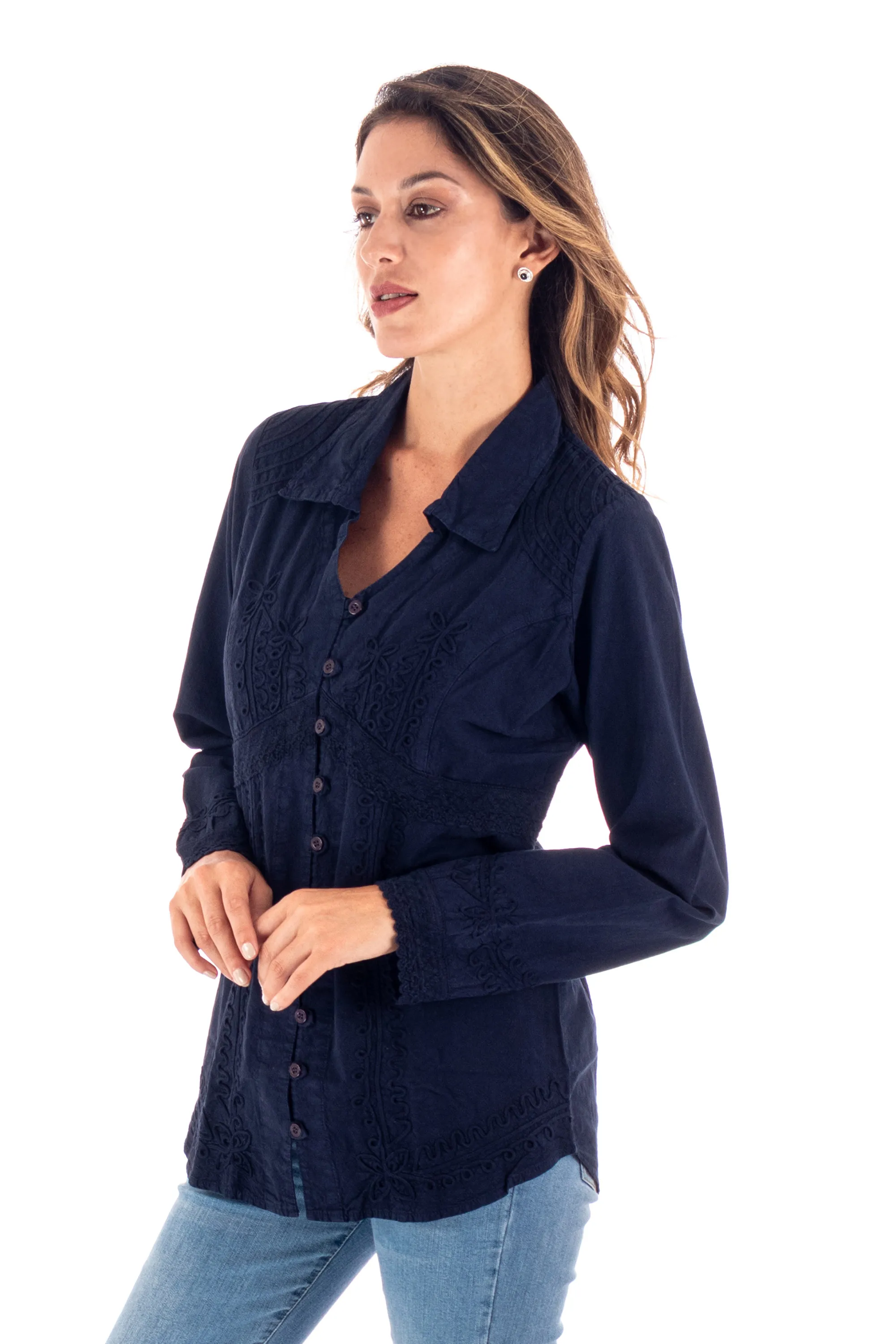 Lily of the Incas Button-front Navy Blue Blouse, 