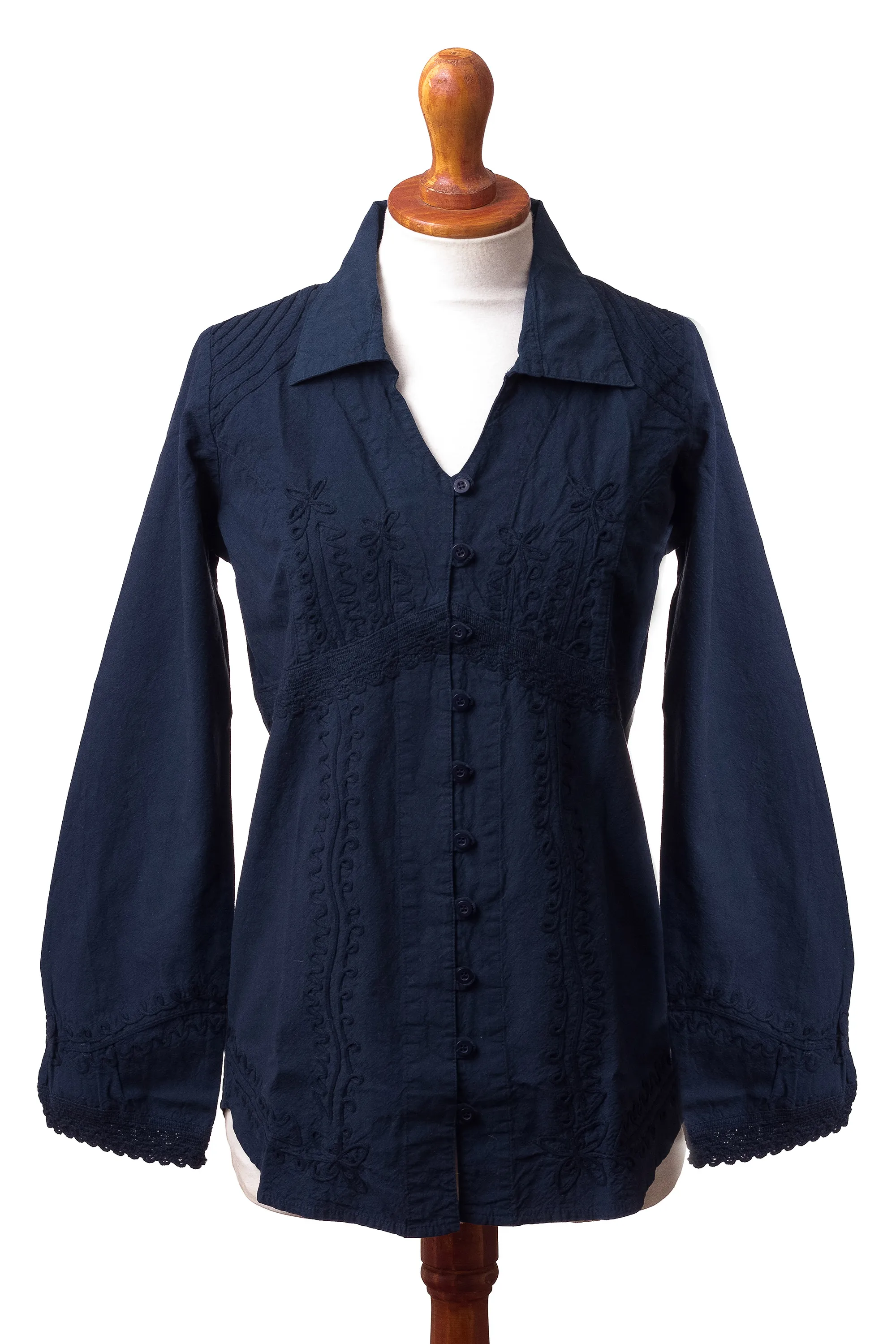 Lily of the Incas Button-front Navy Blue Blouse, 