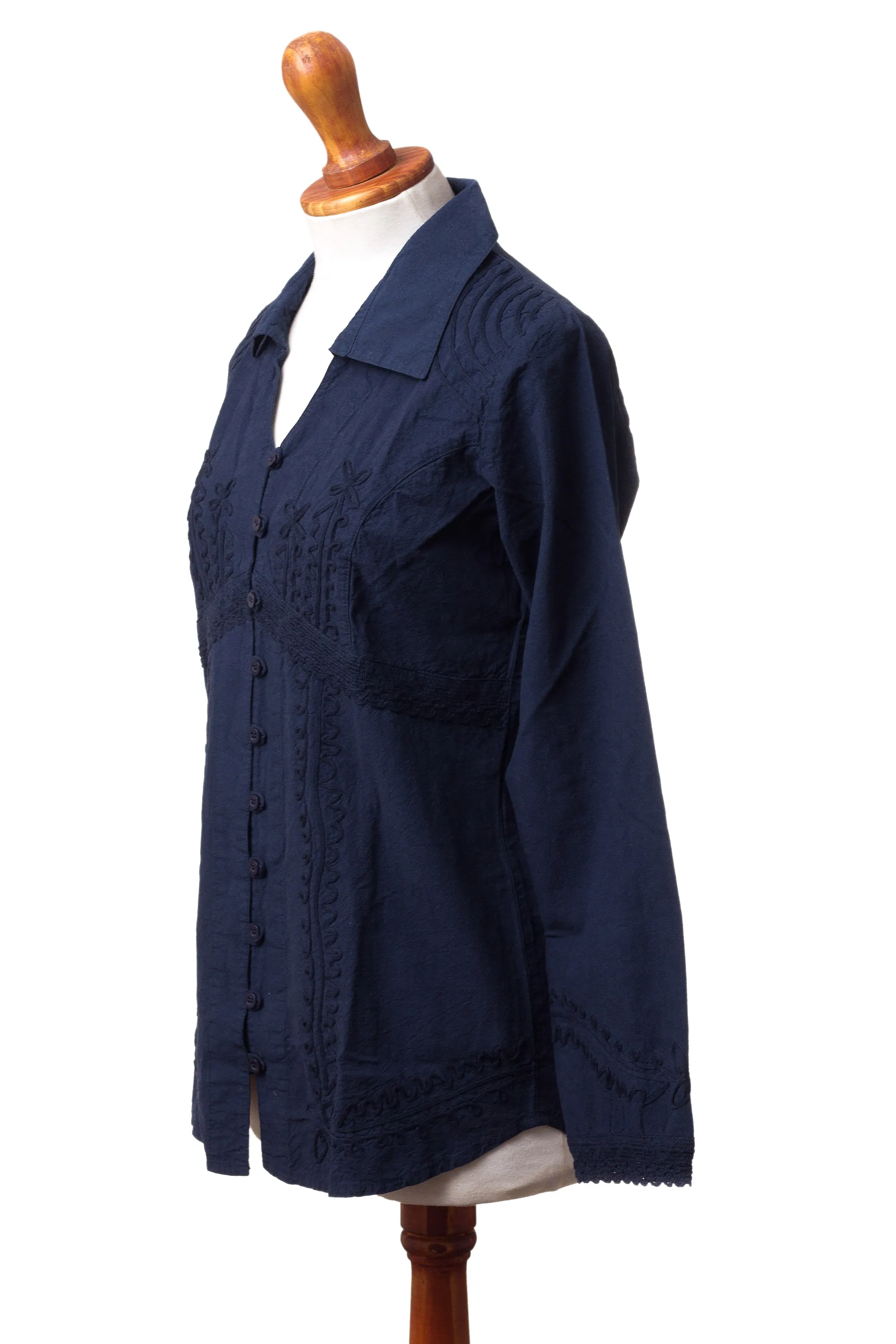 Lily of the Incas Button-front Navy Blue Blouse, 