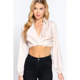 Long Sleeve Notched Collar Front Twisted Detail Crop Woven Top