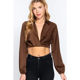 Long Sleeve Notched Collar Front Twisted Detail Crop Woven Top