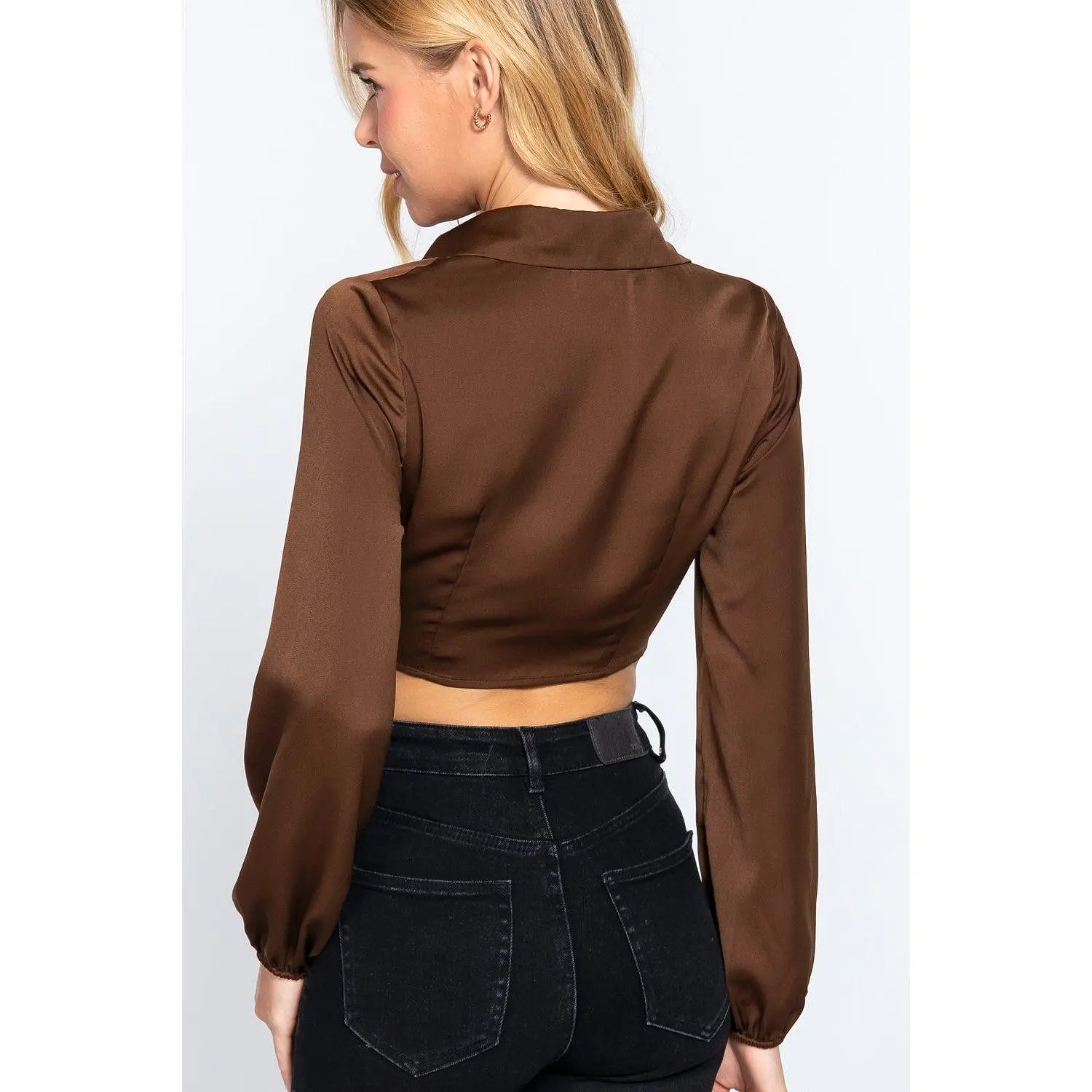 Long Sleeve Notched Collar Front Twisted Detail Crop Woven Top