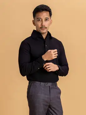 Long Sleeve Polo Shirt - Black One-Piece Collar Single Button