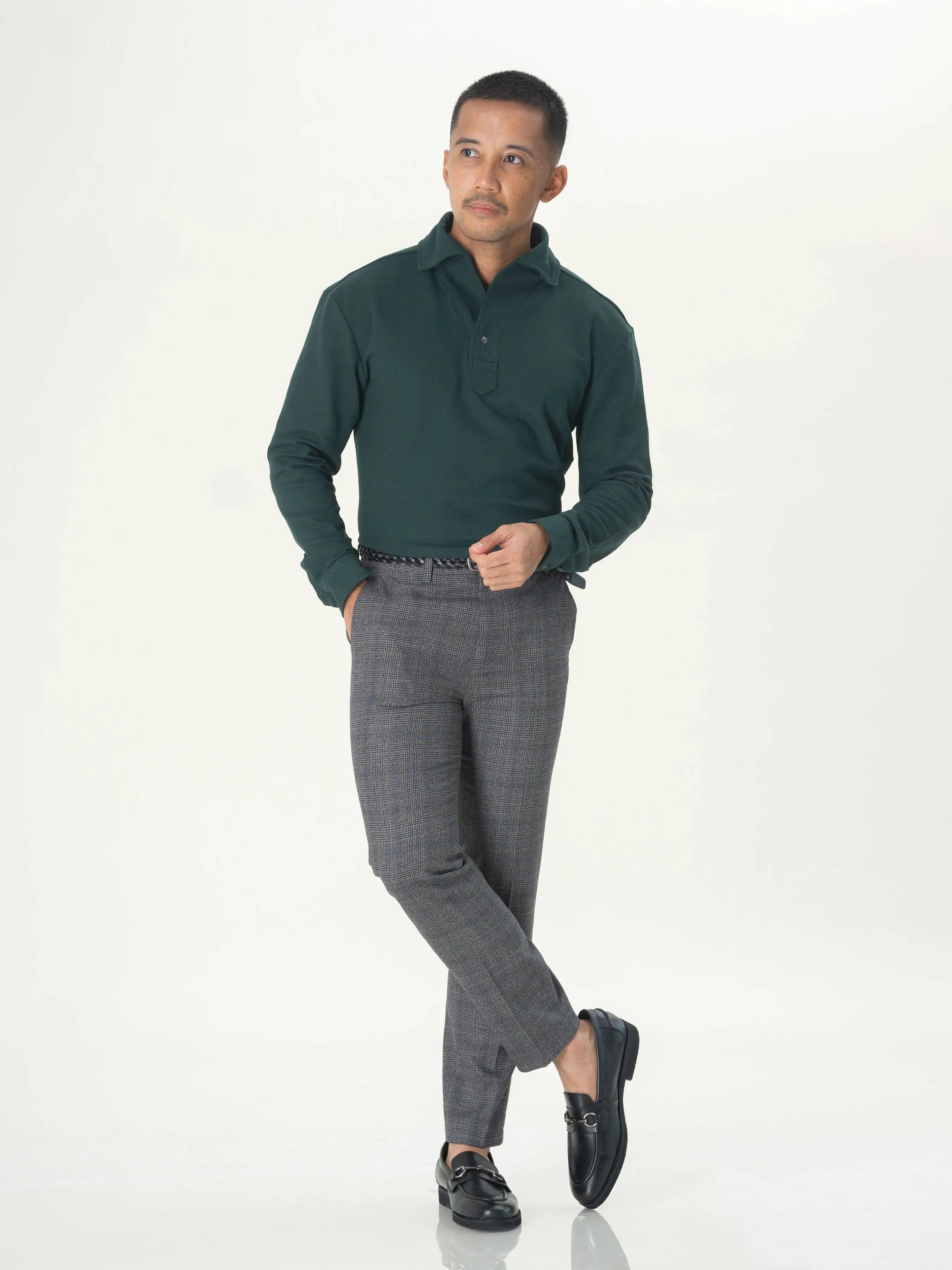 Long Sleeve Polo Shirt - Dark Green One-Piece Collar Single Button