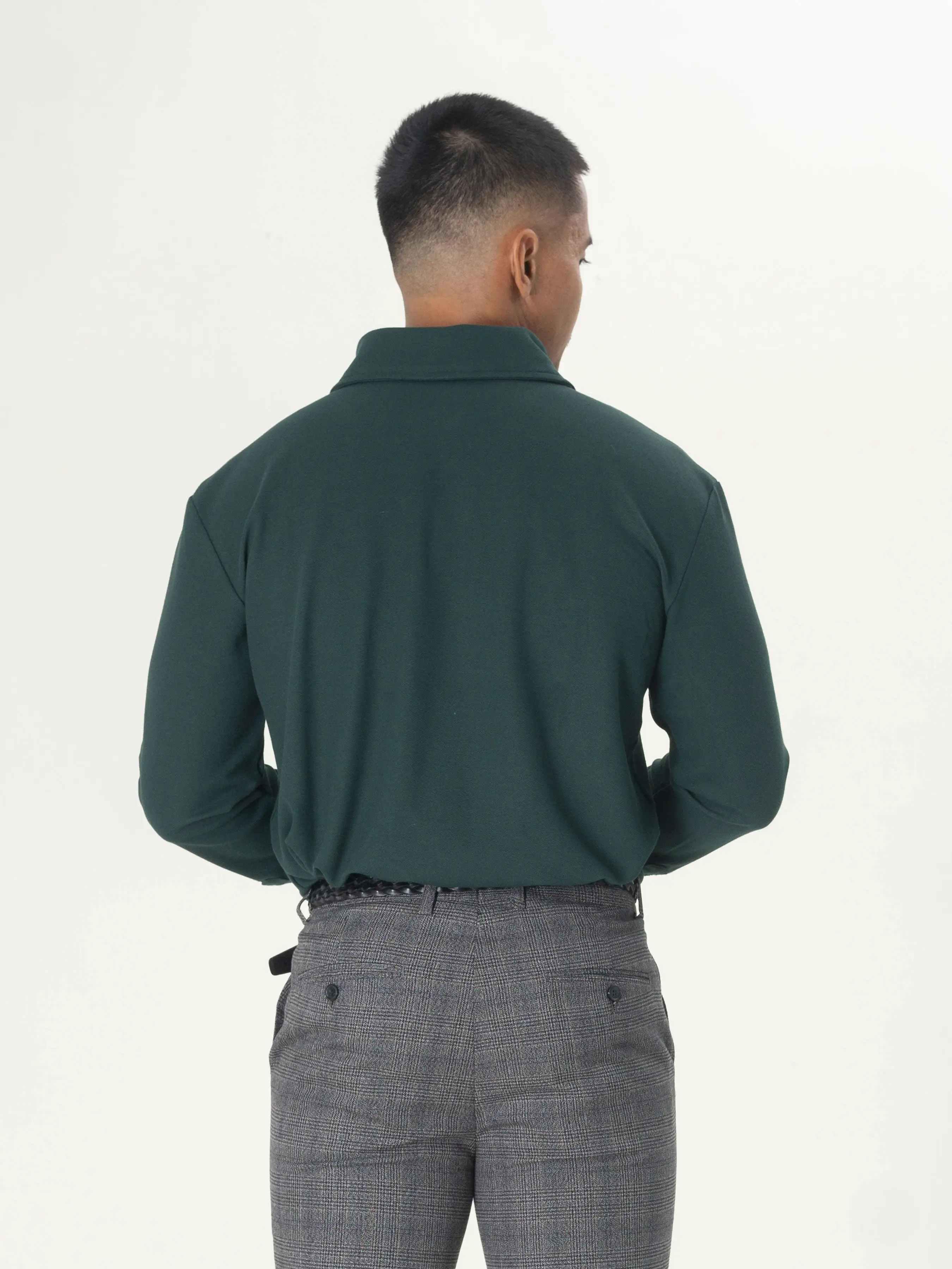 Long Sleeve Polo Shirt - Dark Green One-Piece Collar Single Button