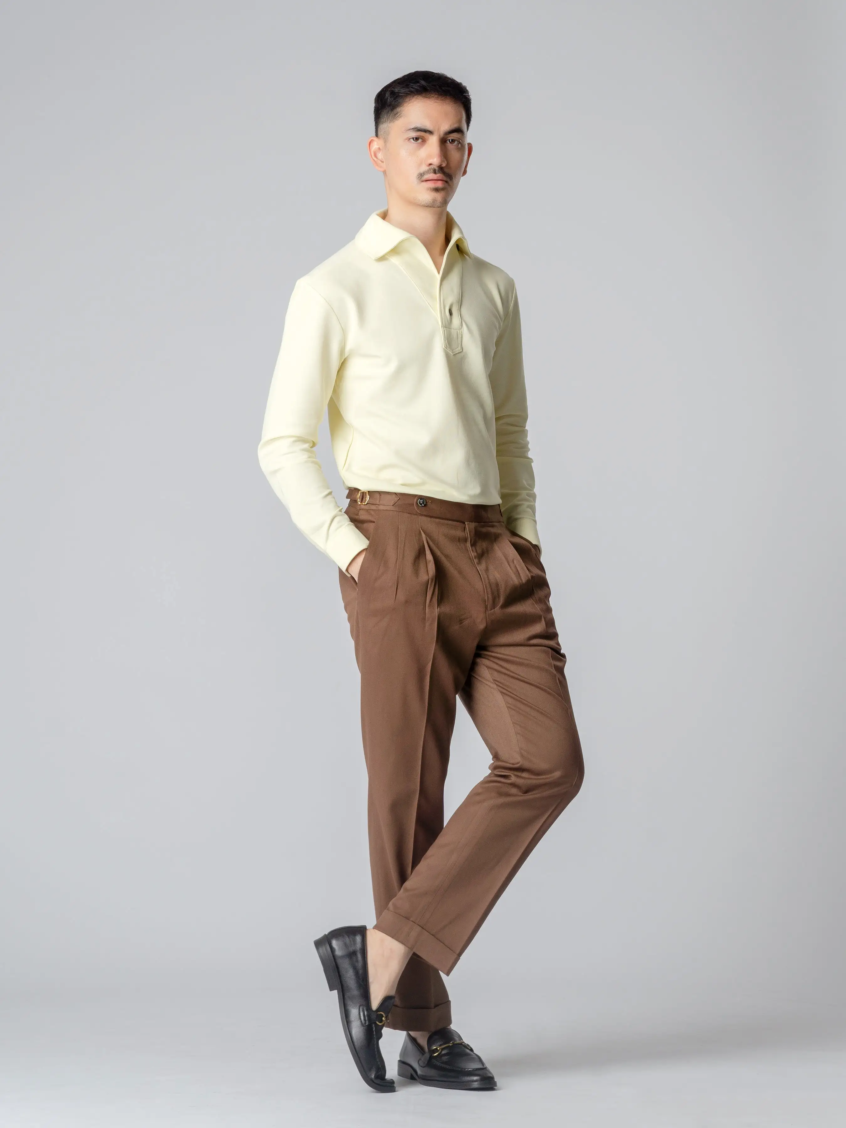 Long Sleeve Polo Shirt - Light Yellow One-Piece Collar Single Button