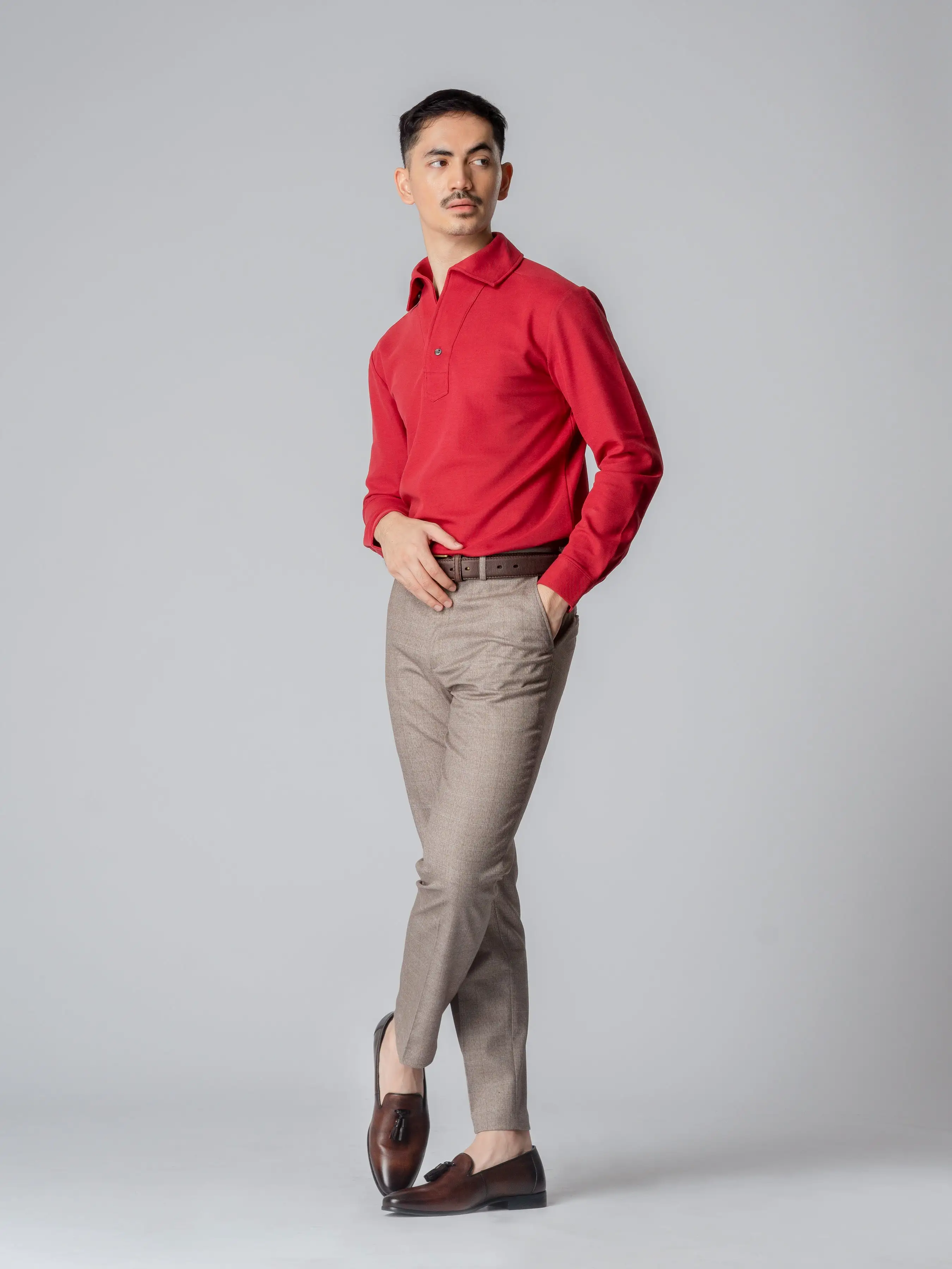 Long Sleeve Polo Shirt - Red One-Piece Collar Single Button