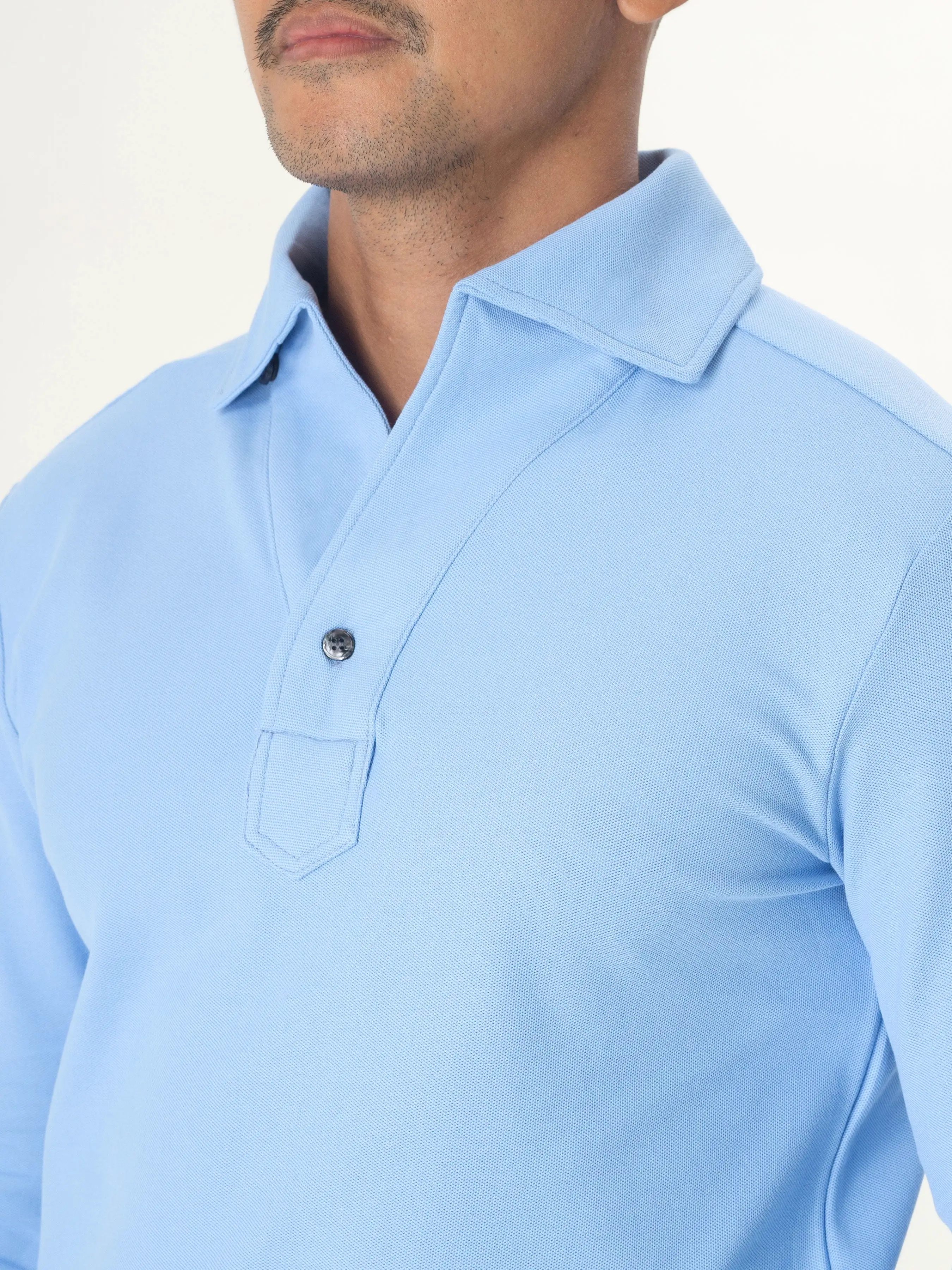 Long Sleeve Polo Shirt - Sky Blue One-Piece Collar Single Button