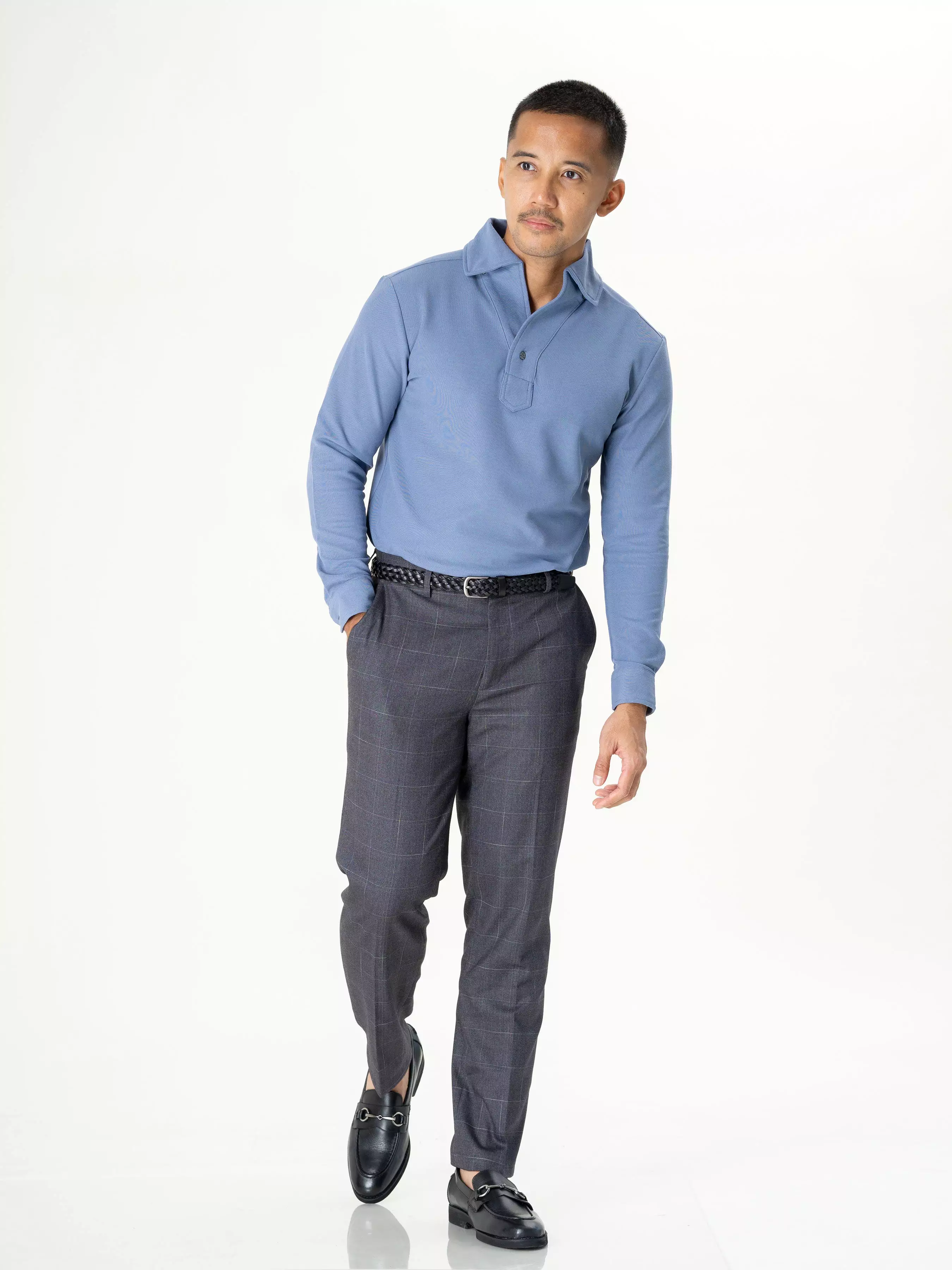 Long Sleeve Polo Shirt - Steel Blue One-Piece Collar Single Button