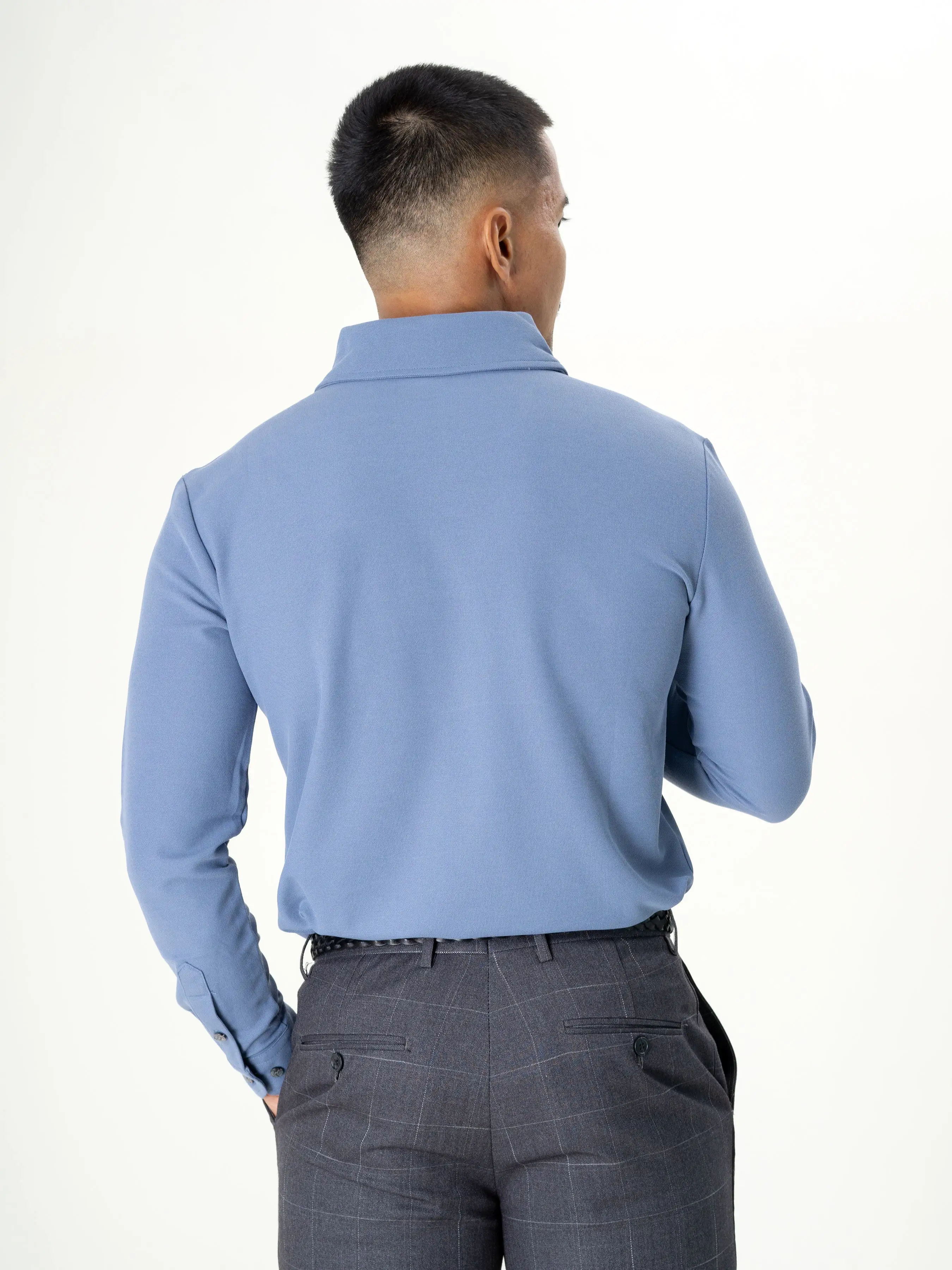 Long Sleeve Polo Shirt - Steel Blue One-Piece Collar Single Button