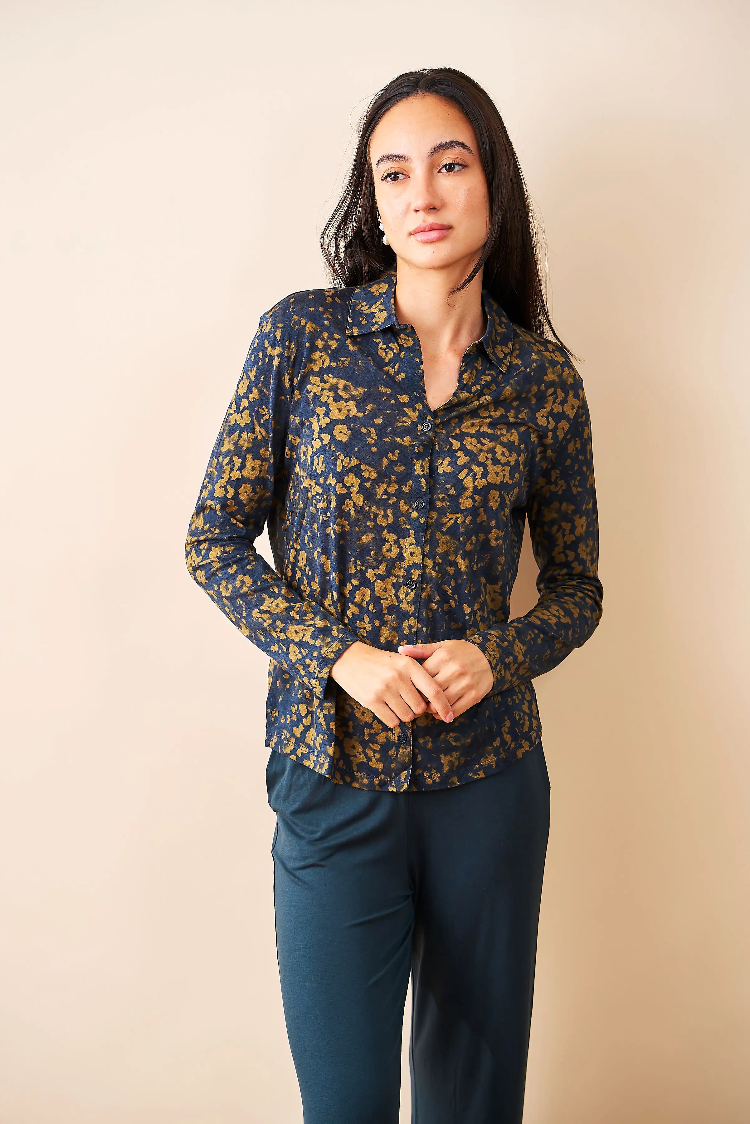 Majestic Novelty Button Front Shirt in Marine and Gold