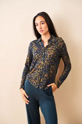 Majestic Novelty Button Front Shirt in Marine and Gold