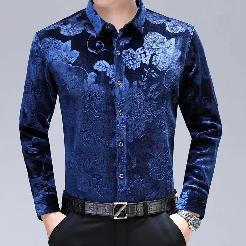 Men's Casual Floral Pattern Square Collar Long Sleeve Slim Fit Shirt