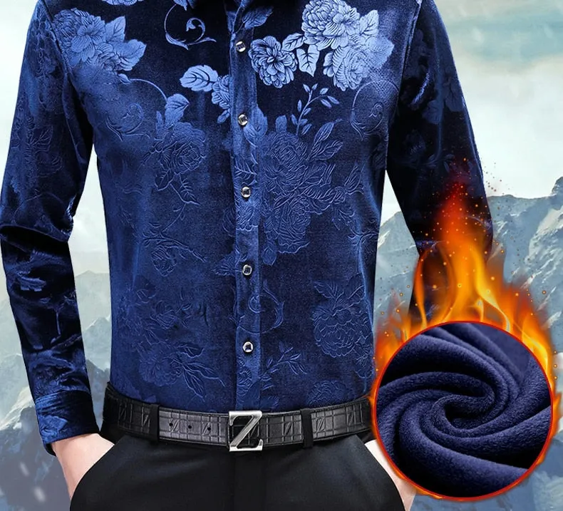 Men's Casual Floral Pattern Square Collar Long Sleeve Slim Fit Shirt