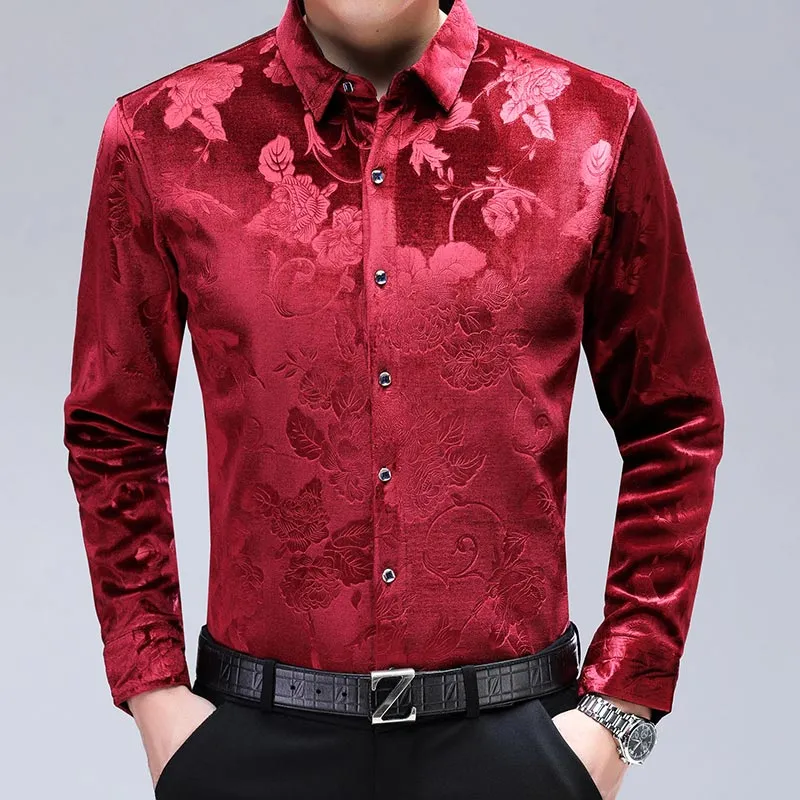 Men's Casual Floral Pattern Square Collar Long Sleeve Slim Fit Shirt