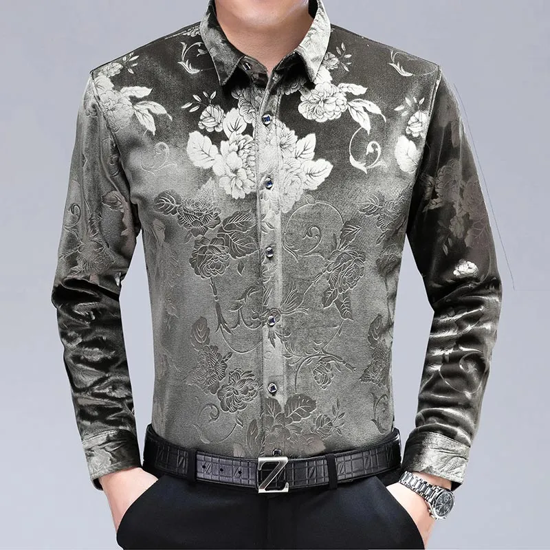 Men's Casual Floral Pattern Square Collar Long Sleeve Slim Fit Shirt