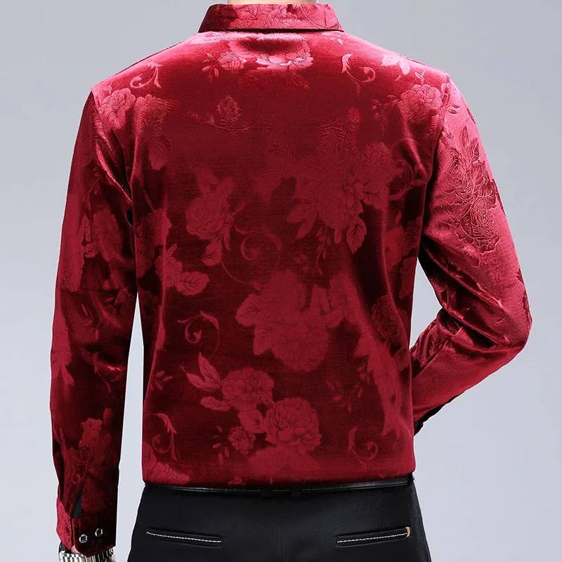 Men's Casual Floral Pattern Square Collar Long Sleeve Slim Fit Shirt