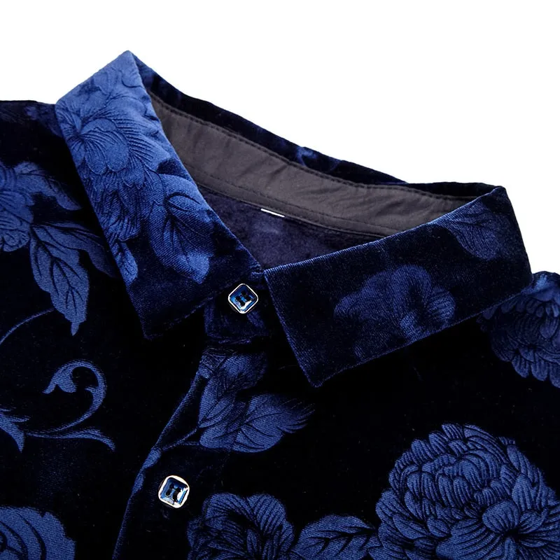 Men's Casual Floral Pattern Square Collar Long Sleeve Slim Fit Shirt