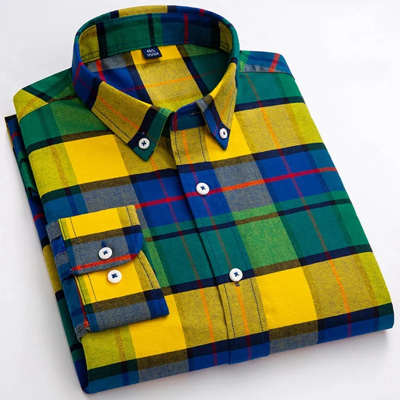 Men's Square Collar Contrast Plaid Checkered Casual Long Sleeve Shirt