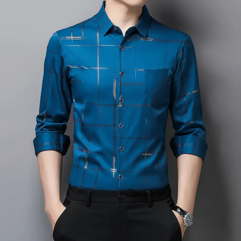 Men's Square Collar Striped Pattern Casual Long Sleeve Luxury Shirt