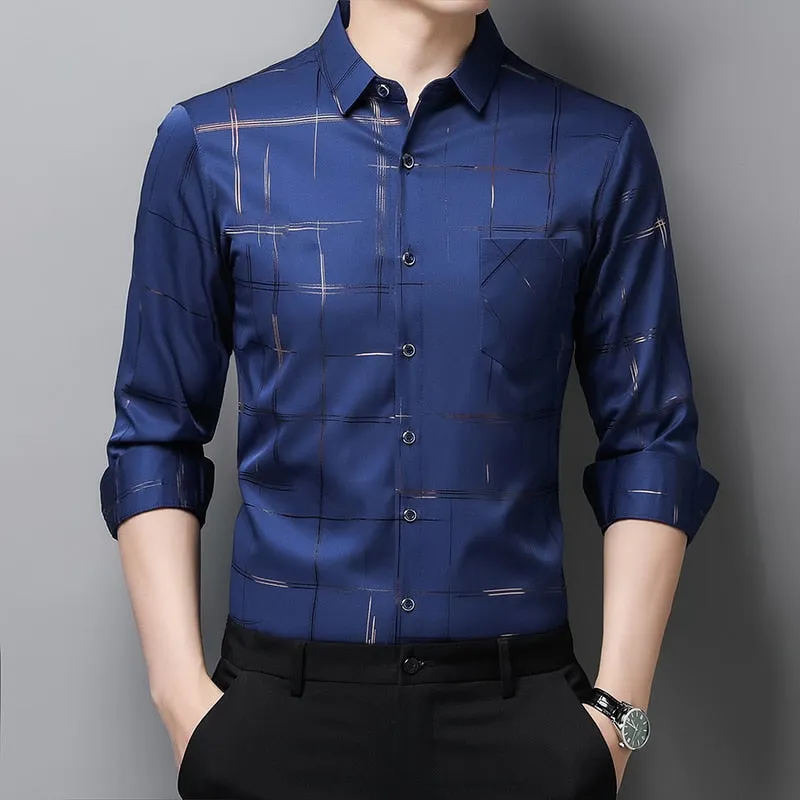 Men's Square Collar Striped Pattern Casual Long Sleeve Luxury Shirt