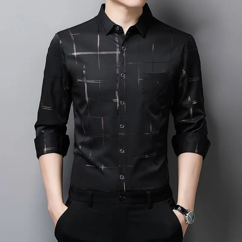 Men's Square Collar Striped Pattern Casual Long Sleeve Luxury Shirt