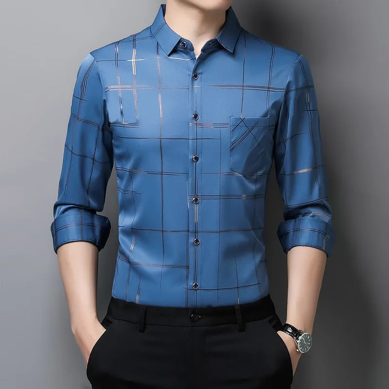 Men's Square Collar Striped Pattern Casual Long Sleeve Luxury Shirt