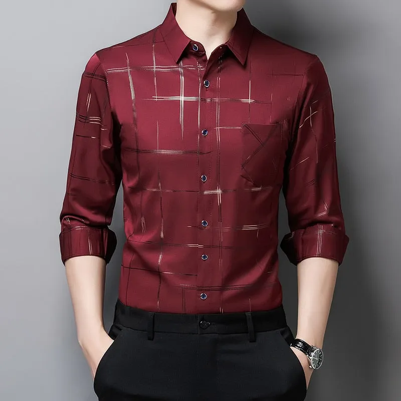 Men's Square Collar Striped Pattern Casual Long Sleeve Luxury Shirt