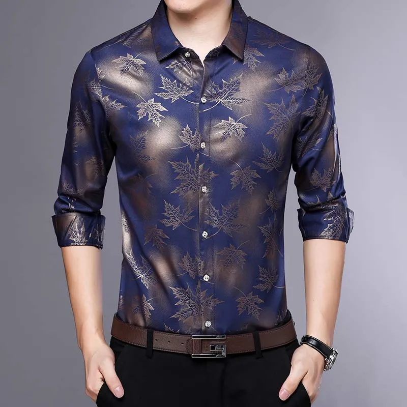 Men's Vintage Fashion Square Collar Maple Leaf Printed Long Sleeve Shirt