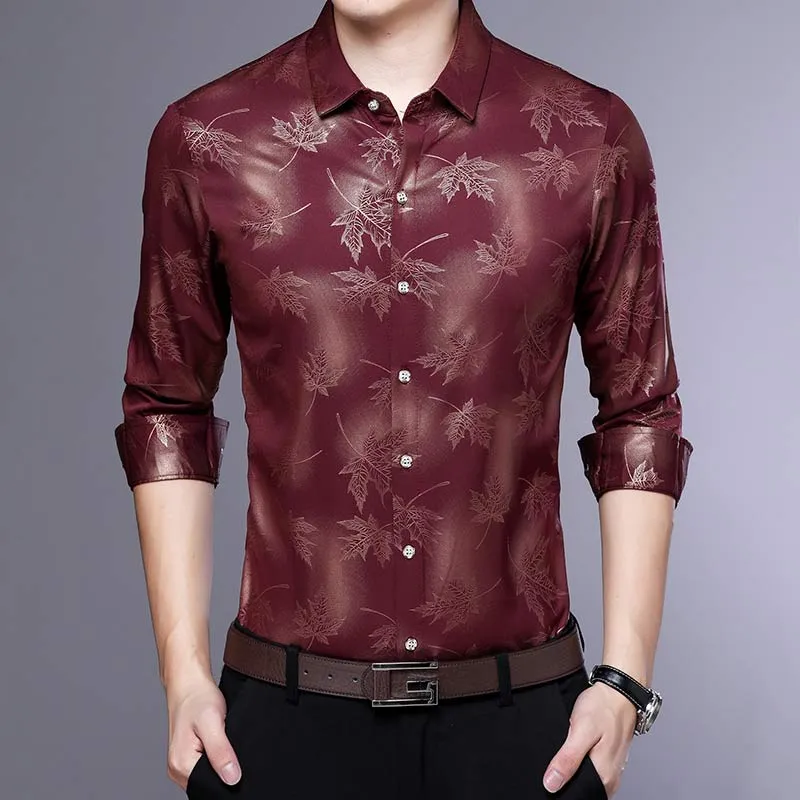 Men's Vintage Fashion Square Collar Maple Leaf Printed Long Sleeve Shirt