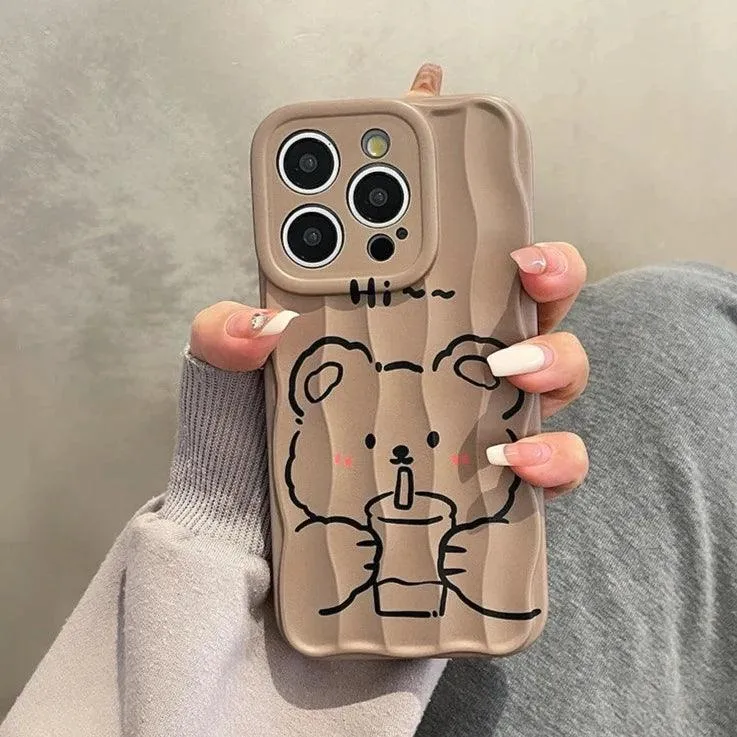 Milk Tea Bear Wave Lines Cute Phone Case For iPhone 15 Pro Max, 14, 13, 11, 12