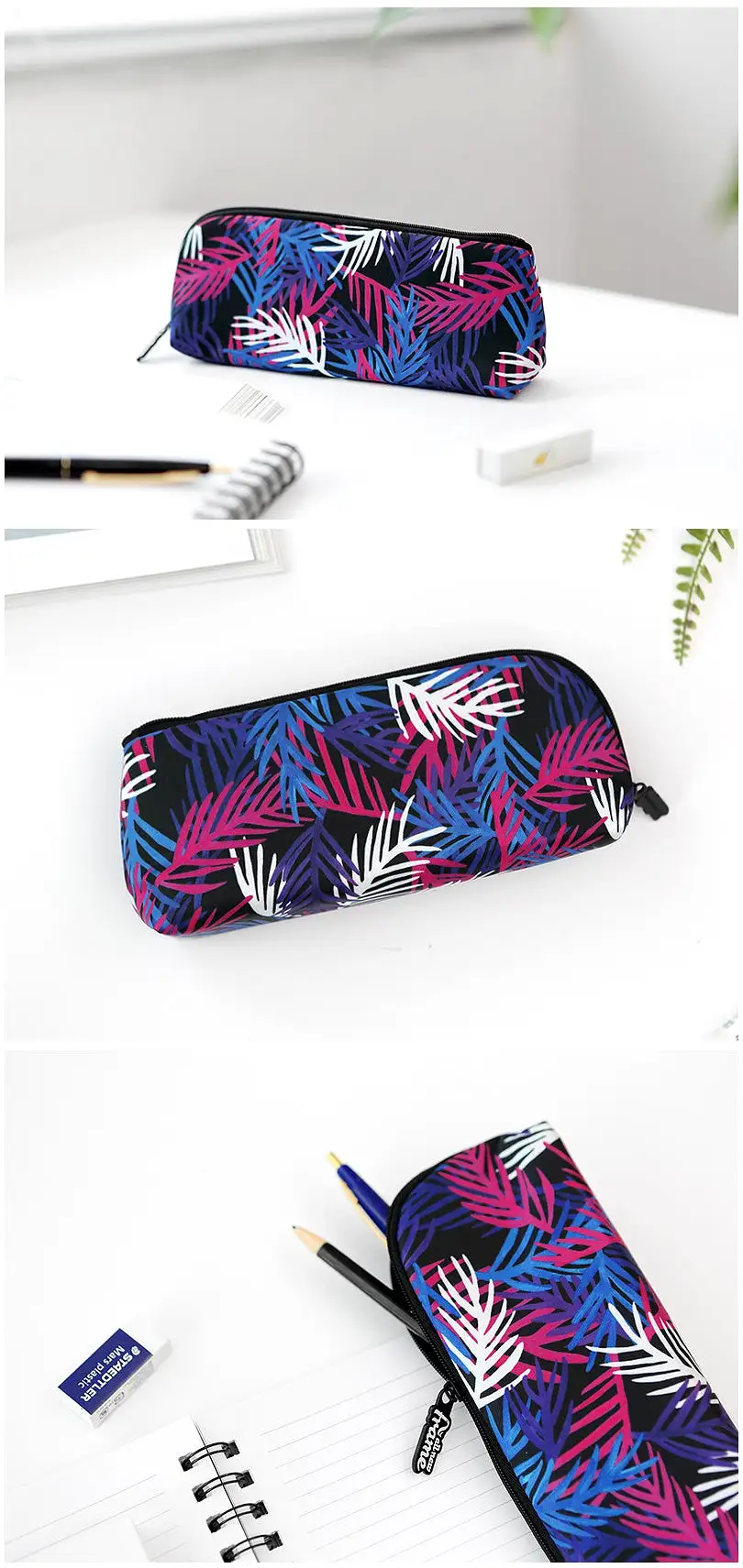 Multi-colored Black Purple Blue Tropical Floral Flower Graphic Pencil Cases Stationery Zipper School 19cm Office organizers cosm